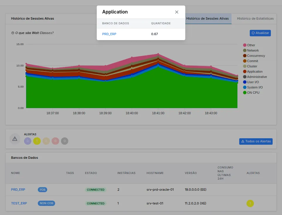 Screenshot da interface de tempo real e histórico do DBizzie